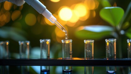 Laboratory pipette dispensing liquid into test tubes against a blurred background of greenery and warm sunlight