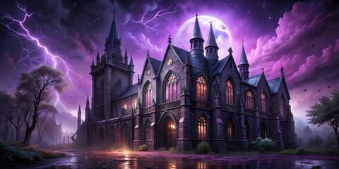Fototapeta premium Haunted Hail Night: Gothic architecture, eerie shadows, ominous purples, crumbling stone