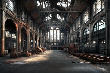 Fototapeta premium An expansive empty industrial building characterized by large arched windows, exposed beams, and decaying walls, capturing the essence of urban abandonment and historical decay.