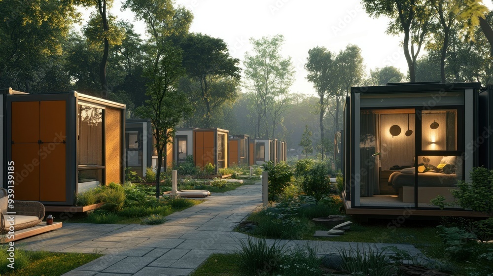 Canvas Prints Modern Modular Homes in a Lush Green Forest Setting