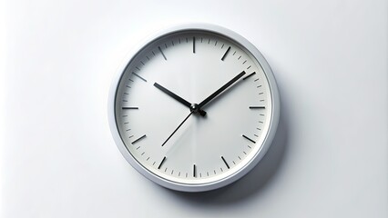 High-angle view of a round analog clock with white face and black numbers, isolated on a clean white background with subtle shadow and gradient.