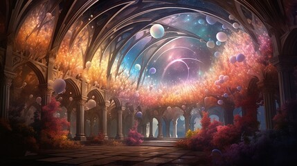 Ethereal Fantastical Realm Breathtaking Architecture Colorful Galaxy Decorated Balloons Enchanted Garden Dreamlike Atmosphere