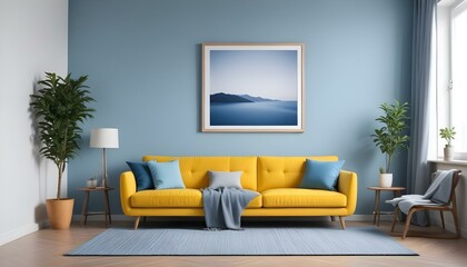 Interior mockup In a white room a blue sofa is placed next to a photo frame on the wall