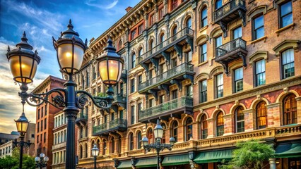 Historic, ornate hotel facade with worn signage and vintage lampposts stands amid revitalized downtown streets, blending old-world charm with modern urban revitalization.