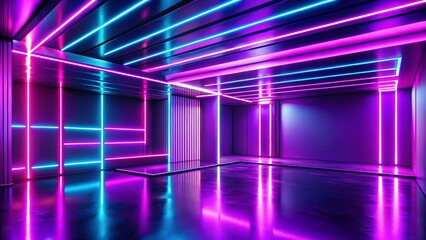 Vibrant render of a modern interior with abstract neon lights in a purple room