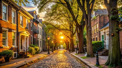 Fototapeta premium Historic buildings and mature trees line the charming cobblestone street in Richmond, Virginia, with a warm golden light casting a sense of nostalgic tranquility.