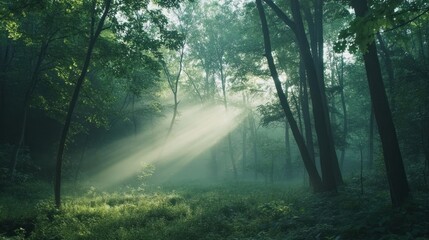 Sunbeams Through Foggy Forest Clearing