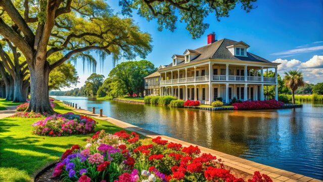 Historic Cane River Lake waterfront in Natchitoches, Louisiana, features charming colonial architecture, vibrant flowers, and majestic live oak trees under a sunny blue sky.