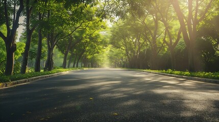 Obraz premium Empty asphalt road through the green trees : Generative AI