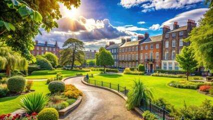Fototapeta premium Historic Dublin landmark Merrion Square park surrounded by Georgian architecture, charming walking paths, and vibrant greenery on a sunny Irish afternoon.