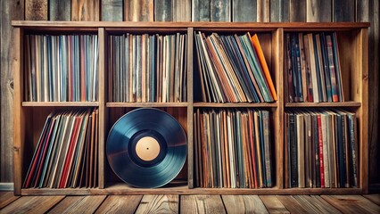 Classic vinyl retro record collection with vintage album covers displayed on shelf