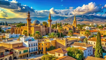 Fototapeta premium Historic Nicosia cityscape featuring the ancient Venetian walls, bustling streets, and vibrant mix of Ottoman and Byzantine architecture amidst a bright blue Mediterranean sky.