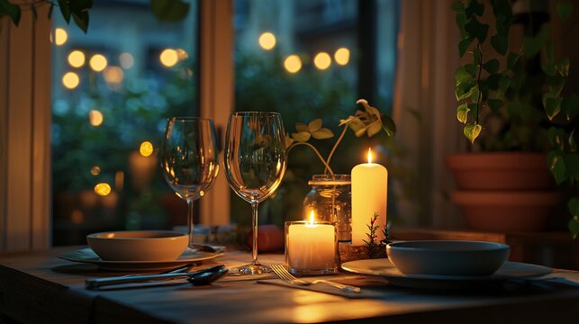 Romantic candlelit dinner ambiance soft music cozy setting warm tones intimate home atmosphere