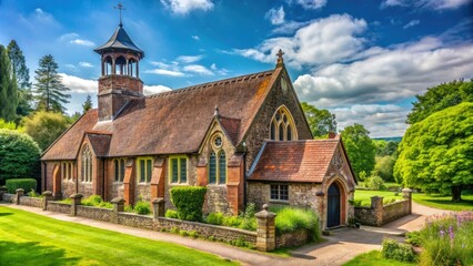 Fototapeta premium Historic stone-built village church with adjacent traditional red-brick school building, surrounded by lush greenery, in a quaint rural English countryside setting.