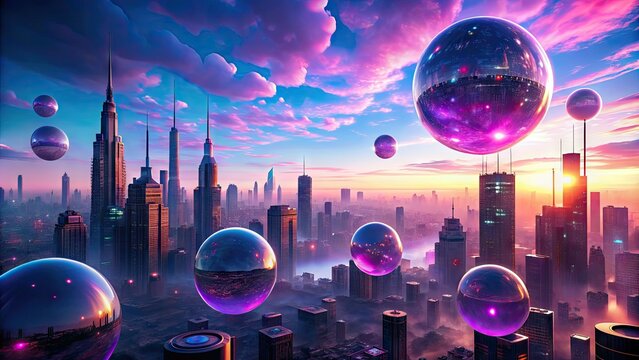 Holographic purple spheres float above a futuristic cityscape at dusk, emitting a radiant glow amidst neon lights and misty atmospheric effects.
