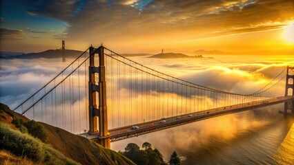 Fototapeta premium Iconic suspension bridge towers above the San Francisco Bay, its art deco design and golden hue glowing warmly in the soft, misty morning light.