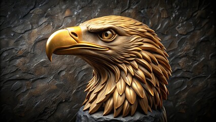 Golden eagle head sculpture on black stone background, realistic rendering of animal statue