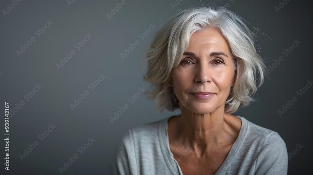 Poster a woman with short gray hair is smiling at the camera