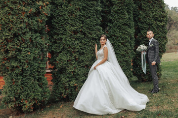 Fototapeta premium A bride and groom are standing in front of a hedge. The bride is wearing a white dress and the groom is wearing a suit