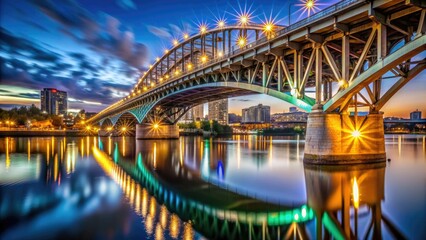 Obraz premium Illuminated steel arches of the Burnside Bridge span the Willamette River, reflecting vibrant city lights and nighttime activity in Portland, Oregon's urban landscape.