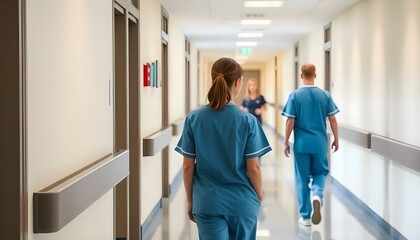 Fototapeta premium Back view of female nurse walking in hospital hallway with wearing blue medical uniform