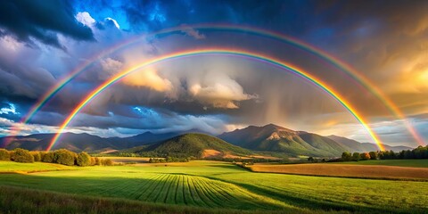 Fototapeta premium Vibrant double rainbow casting over mountains and fields creating a stunning landscape
