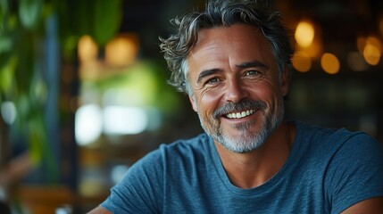 People and lifestyle concept Happy middleaged unshaven man wearing casual tshirt looking at camera with cheerful smile while having lunch at outdoor cafe sitting against green interior : Generative AI