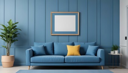 Interior mockup In a white room a blue sofa is placed next to a photo frame on the wall