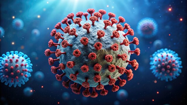 Illustration of COVID-19 coronavirus molecule structure, featuring spherical shape, spike proteins, and genetic material, against a dark blue background with subtle texture.