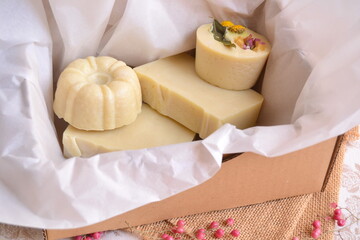 Ecological soaps gift box artisan handmade crafts cosmetics skin care, thanksgiving christmas favors, homemade natural organic present, bath body products, white beige neutral color