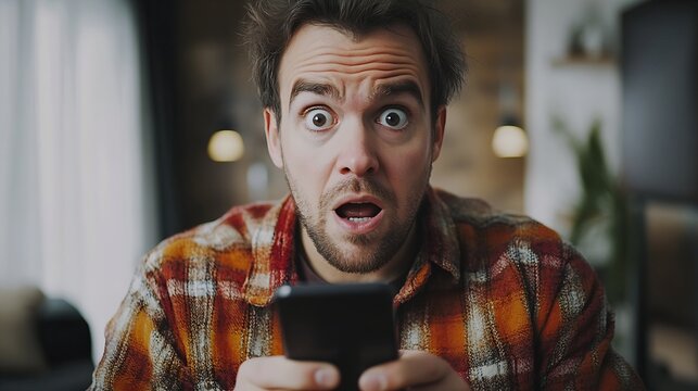 Portrait of handsome man looks shocked in smart phone sees calendar date finds out that he cant manage to go on meeting types message of refusal People emotions and technology concept : Generative AI