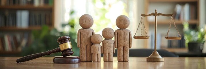 The figure of the family next to the judge's gavel symbolizes the protection of children's rights in custody cases