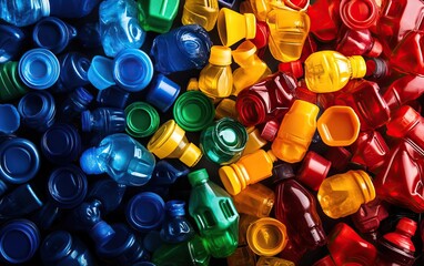 Colorful assortment of plastic bottle caps arranged in a vibrant pattern, showcasing the variety of recycled materials.