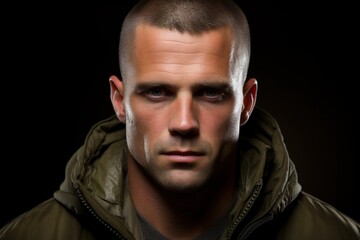 Obraz premium A man with a shaved head and a green jacket