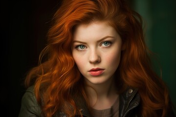 A woman with red hair and green eyes is standing in front of a green background