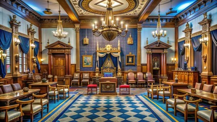 Interior of a historic Masonic lodge with ornate furnishings, ceremonial regalia, and symbolic artifacts, evoking a sense of tradition, mystery, and fraternal camaraderie.