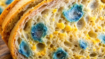 Close up of moldy bread with blue and yellow spots, bread mold fungus texture