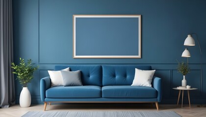 Interior mockup In a white room a blue sofa is placed next to a photo frame on the wall