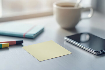 Morning Workspace with Coffee, Phone and Supplies