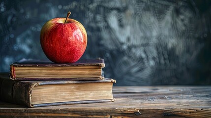 Return to academia Educational setting with books and apple on chalkboard