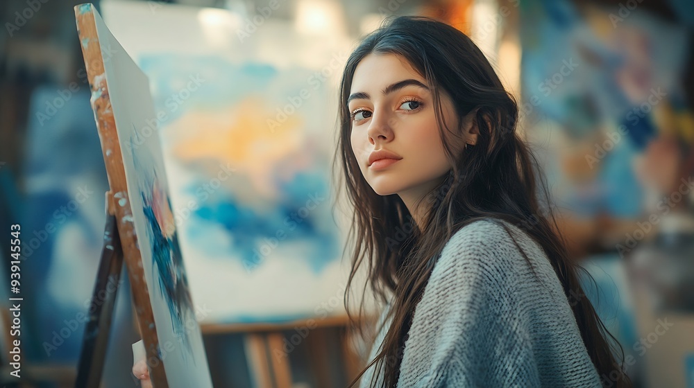 Poster young female student having classes at art studio learning how to draw landscapes trying to mix diff