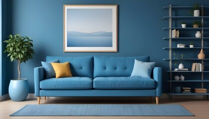 Interior mockup In a white room a blue sofa is placed next to a photo frame on the wall