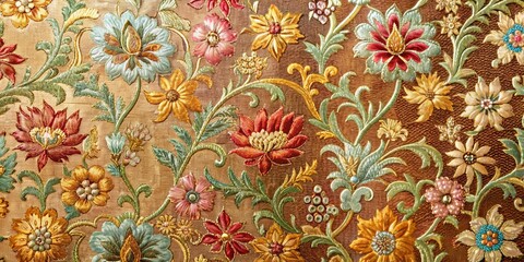 Luxurious brocade fabric with intricate floral patterns and metallic threads, perfect for elegant and ornate designs