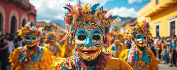 A colorful festival parade with participants wearing traditional masks and costumes, celebrating the community's cultural heritage with dance and music