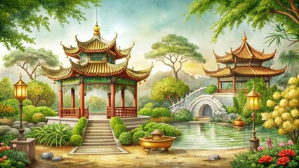 Fototapeta premium Intricate traditional Chinese-style hand-drawn sketch of a serene Asian garden scene featuring pagodas, lanterns, and lush greenery surrounded by ornate golden borders.