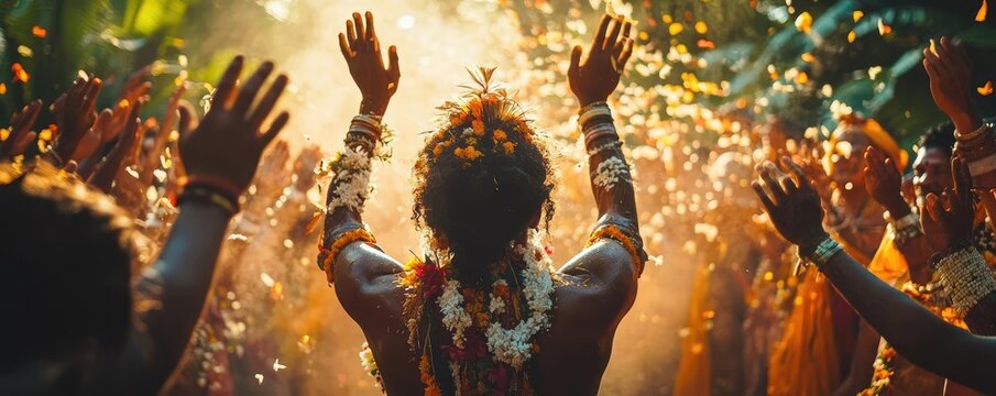 A community celebrating a rite of passage ceremony, such as a coming-of-age or initiation ritual, showcasing the cultural significance of life transitions