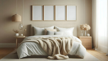 Mockup three frame in bedroom interior background, room in light pastel colors, 3d render
