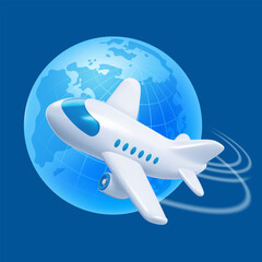 Time to travel concept. World travelling by plane. 3d realistic white airplane with trail, flying around the globe, isolated on blue background. Design element in minimal style. Vector illustration