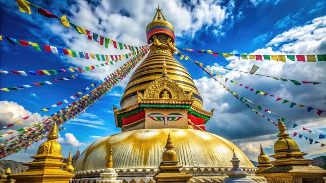 Intricately carved golden stupa adorned with vibrant prayer flags and sacred relics, set against a serene blue sky, embodies tranquility and spiritual harmony.