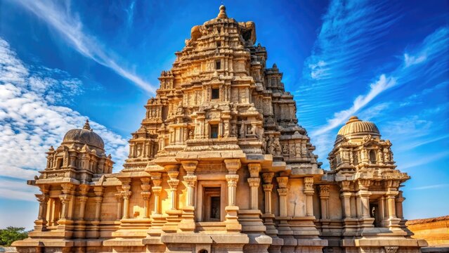 Intricately carved ancient temple tower rises against a bright blue sky, adorned with mythological figures and ornate sculptures in Hampi, India's historic ruins.